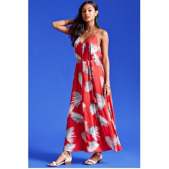 Forever 21 Contemporary Red Tropical Print Maxi Dress Size Small - Picture 1 of 12
